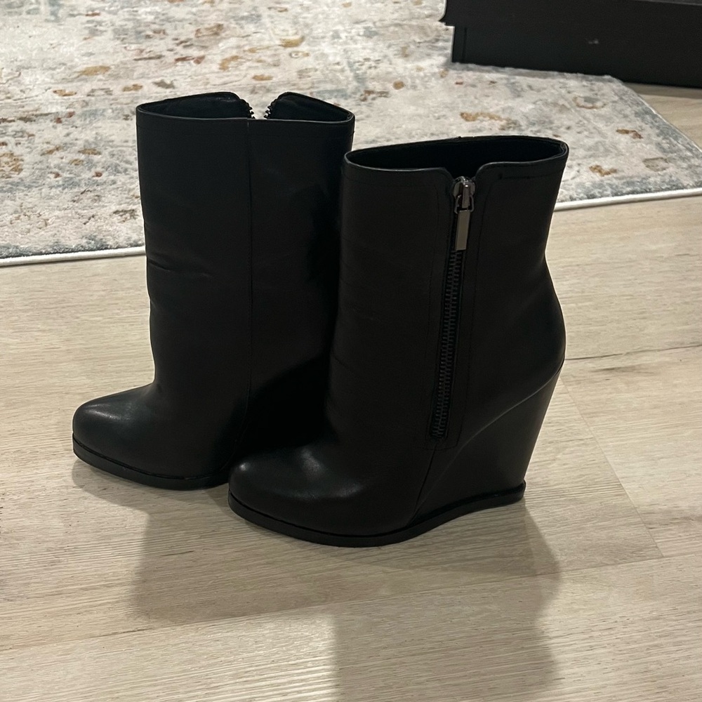 Black Leather Wedge Ankle Boots - Women's - Picture 3 of 6